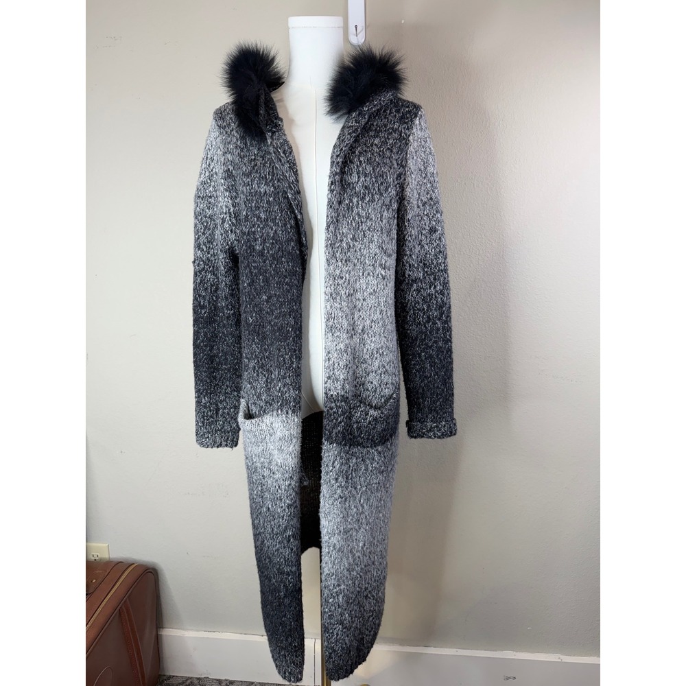 Sisters Gray Ombre Marl Longline Hooded Duster Cardigan Faux Fur Trim S/M